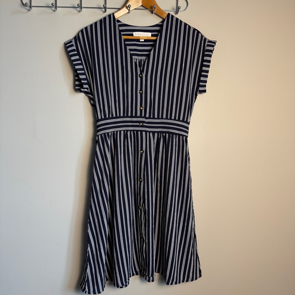Monteau Short Sleeve Fit & Flare Dress Navy/White Striped Size Large Mini Preppy